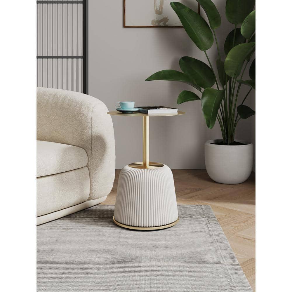 Manhattan Comfort Anderson Modern Leatherette Upholstered End Table with Gold Tabletop Cream: Round, No Assembly, Stainless Steel