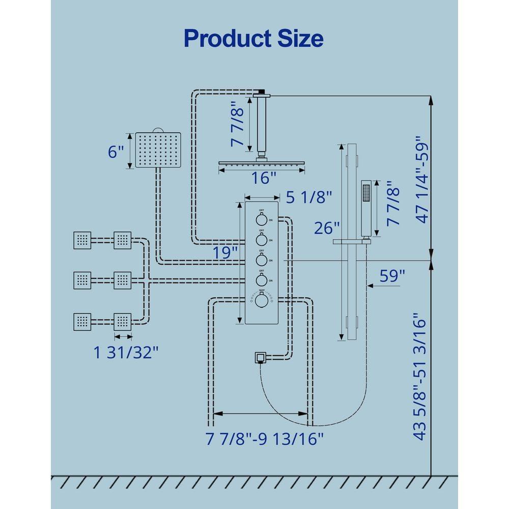 GRANDJOY 16 inch Complete Dual Shower Head System, Celling Mounted Shower Faucet Set with Hand Shower Head, Rough in-Valve, 6 Massage Body Jets - Matte Black