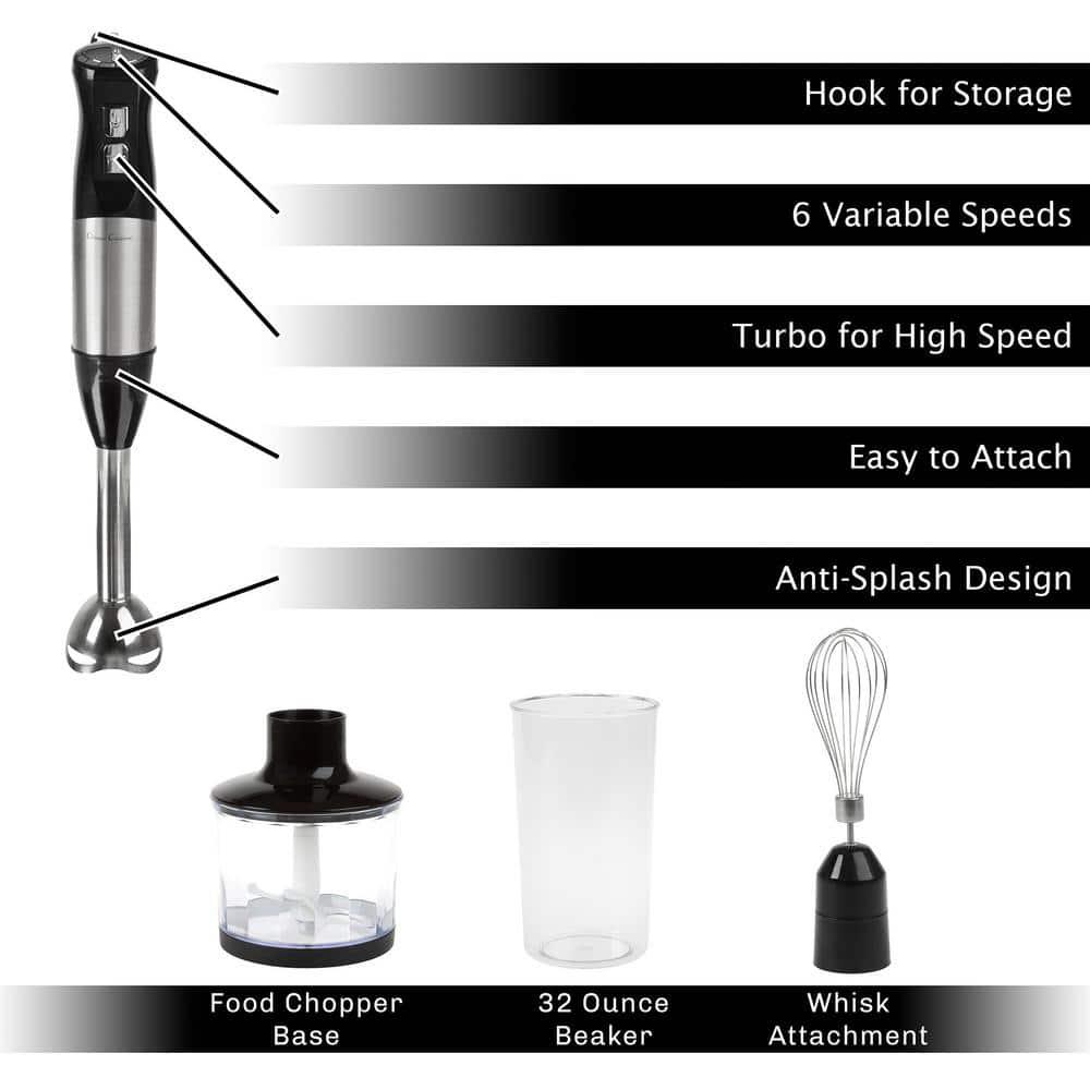 Classic Cuisine 6-Speed Handheld 4-in-1 Immersion Blender for Soups (Black)