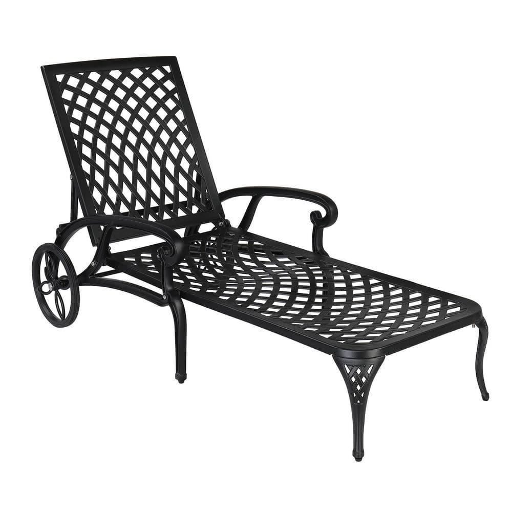 VINGLI Cast Aluminum Outdoor Chaise Lounge Chair with Wheels, Patio Chaise Lounge with 3-Position Adjustable Backrest, Outdoor Tanning Chair Patio Lounge Chair (Black, Without Cushion)