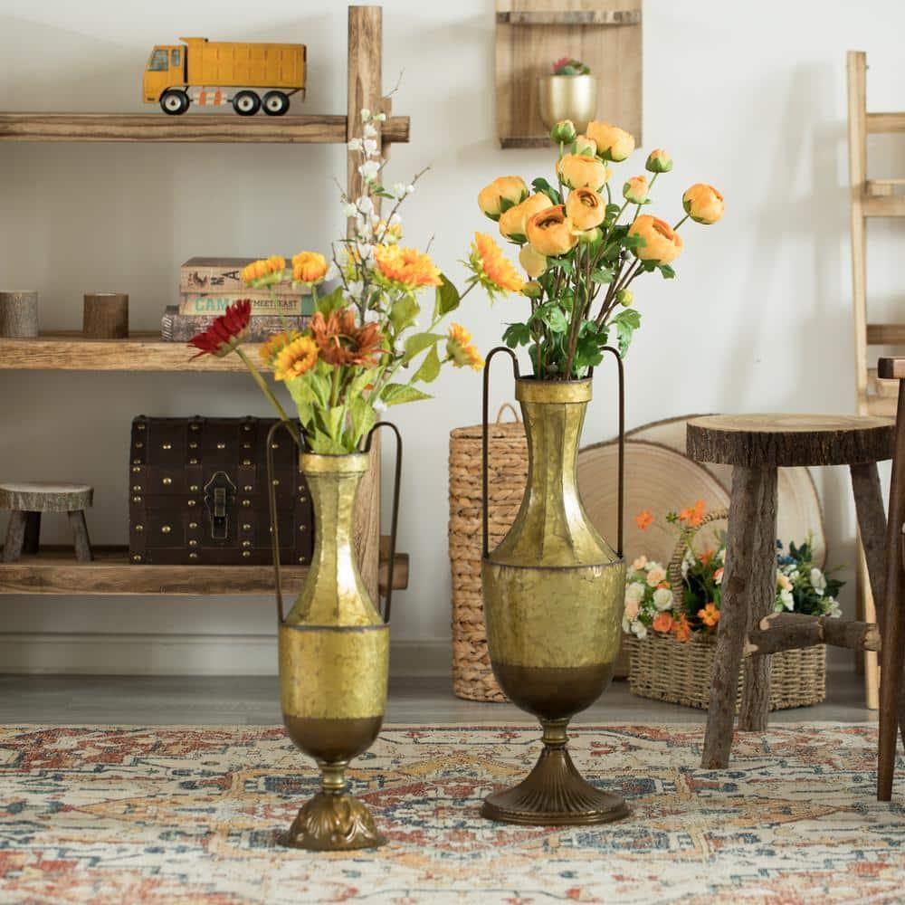 Uniquewise Decorative Antique Style 2 Handle Metal Jug Floor Vase for Entryway, Living Room or Dining Room Tall Elegant Home Decor Accent, Set of 2