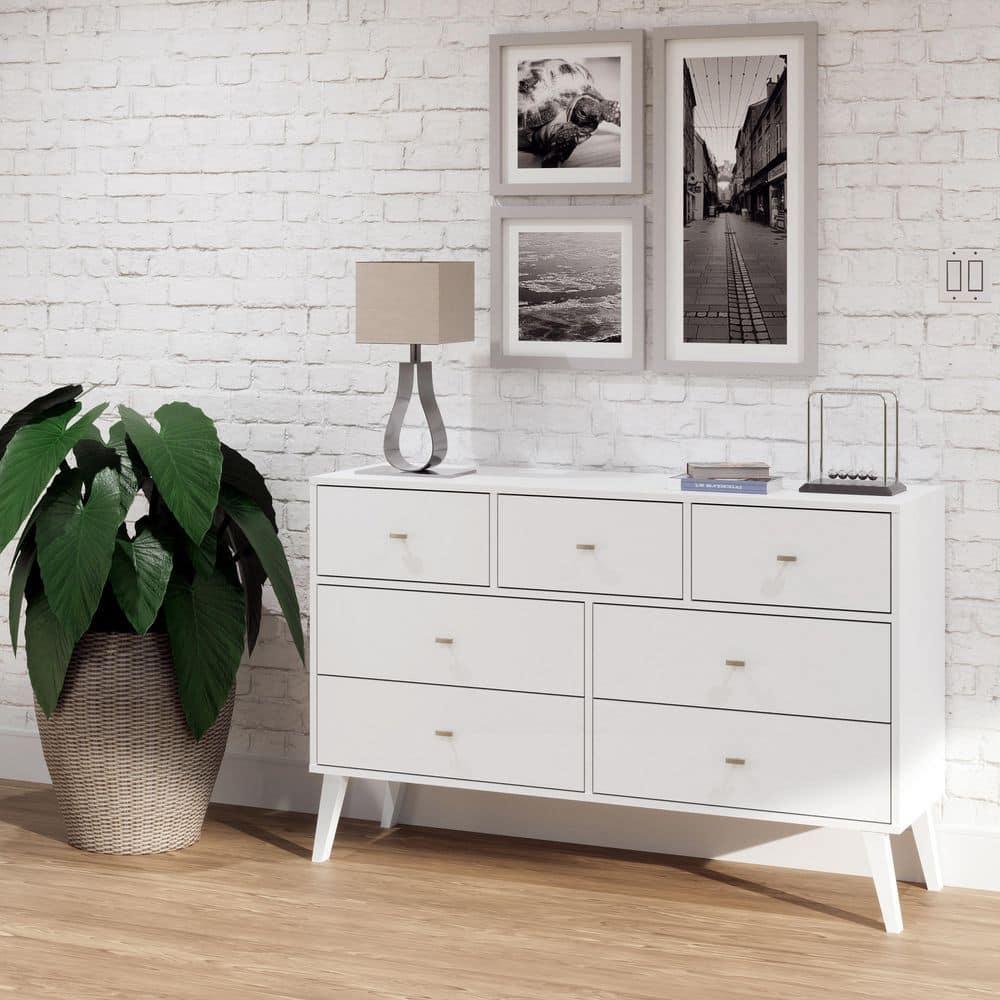 Prepac 7 Drawer Milo Mid-Century Modern Dresser White: Laminated, Metal Glides, MDF Composite