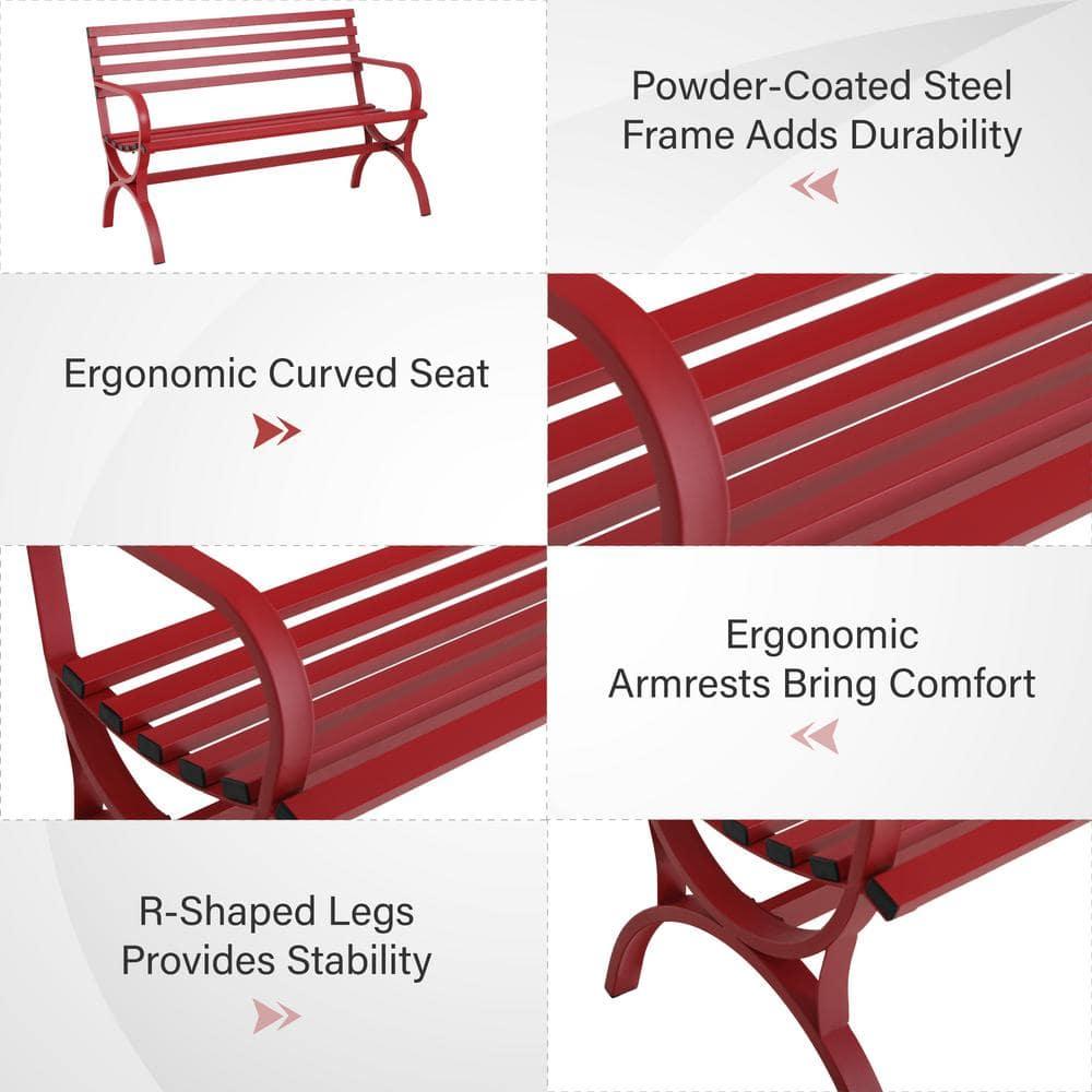 PHI VILLA Outdoor Garden Bench, 48” Long Metal Steel Bench with Backrest and Armrests, Modern Slatted Design for Patio, Lawn, Yard, Porch - Red