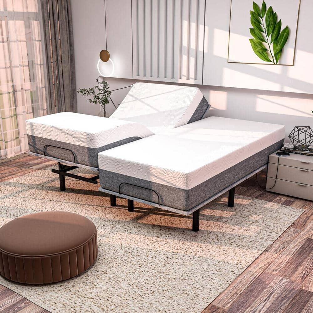 Renanim Serenityflex Adjustable Base & Hybrid Mattress – Split King-Size Adjustable Base with 12 in. Cooling Gel Mattress, Massage, USB Ports, Remote & Under-Bed Light – Reclining Electric Bed Frame