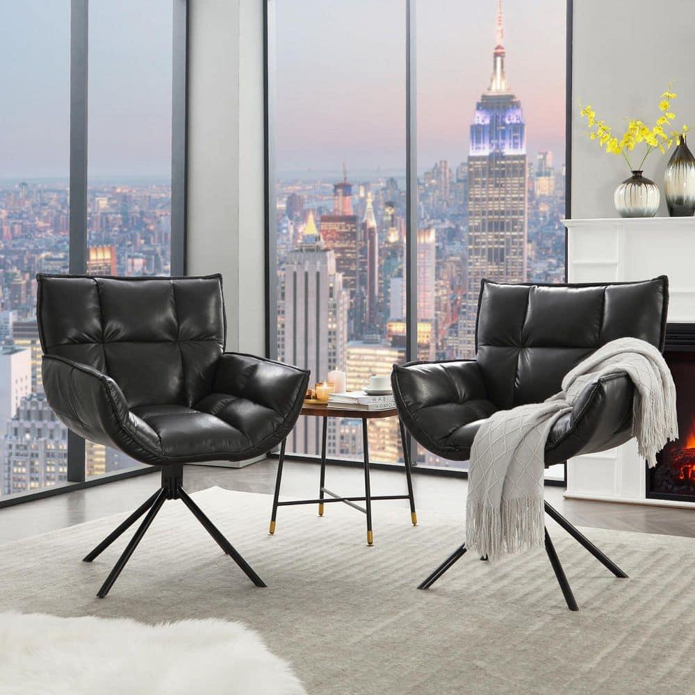 TEWLOSS Swivel Accent Chair Set of 2 Faux Leather Armchair with Metal Legs, Black