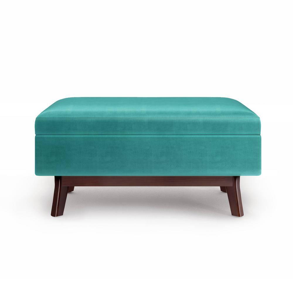 Simpli Home Owen 36 inch Wide Mid Century Modern Rectangle Small Rectangular Storage Ottoman in Aqua Blue Velvet Fabric
