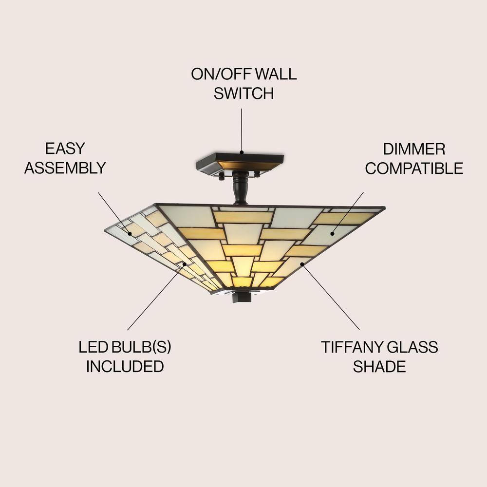 Jason 15.7 in. Tiffany-Style Glass/Metal White/Cream LED Semi-Flush Mount