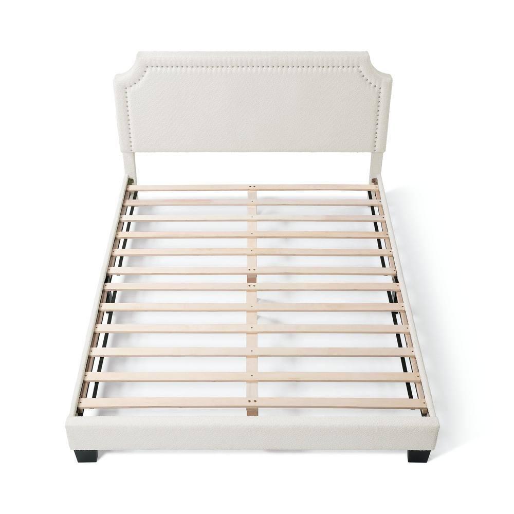 24/7 Shop At Home Queen Heartwild Modern Boucle Upholstered Nailhead Trim Platform Bed White: Polyester, Wood Frame, No Box Spring Needed
