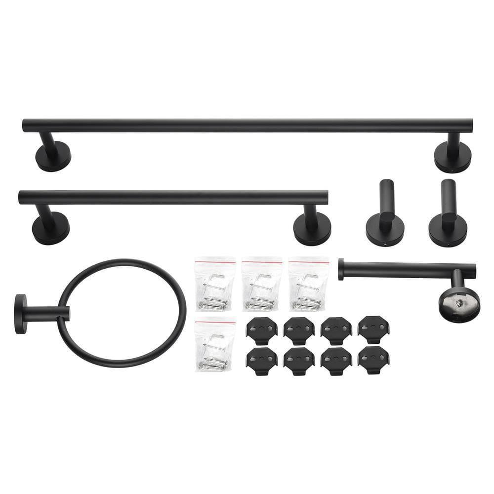 6 PCS Bathroom Hardware Set, Including 16" Hand Towel Bar, Toilet Paper Holder, Towel Ring, Robe Towel Hooks, Bathroom Accessories Kit(Matte Black)