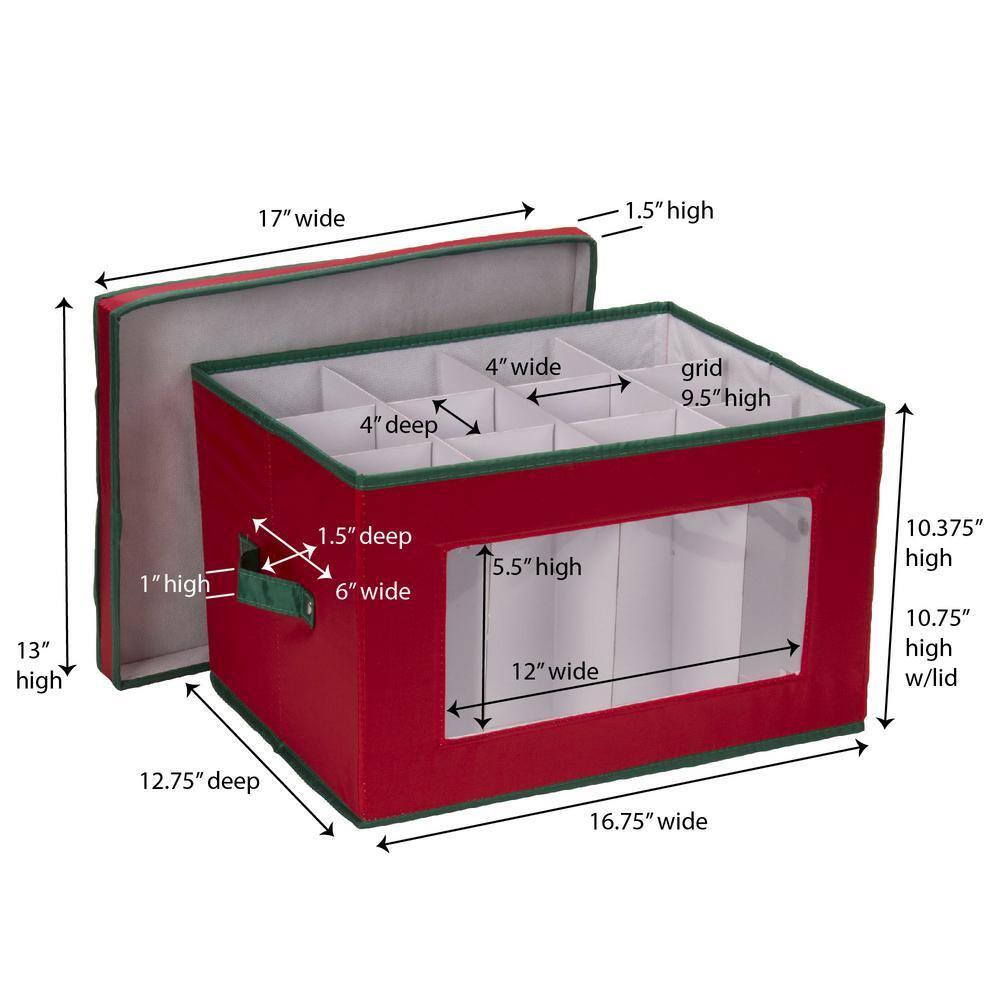 Household Essentials Holiday Stemware Storage Box, Windowed Storage with Lid, 12 Storage Compartments, Red with Green Trim