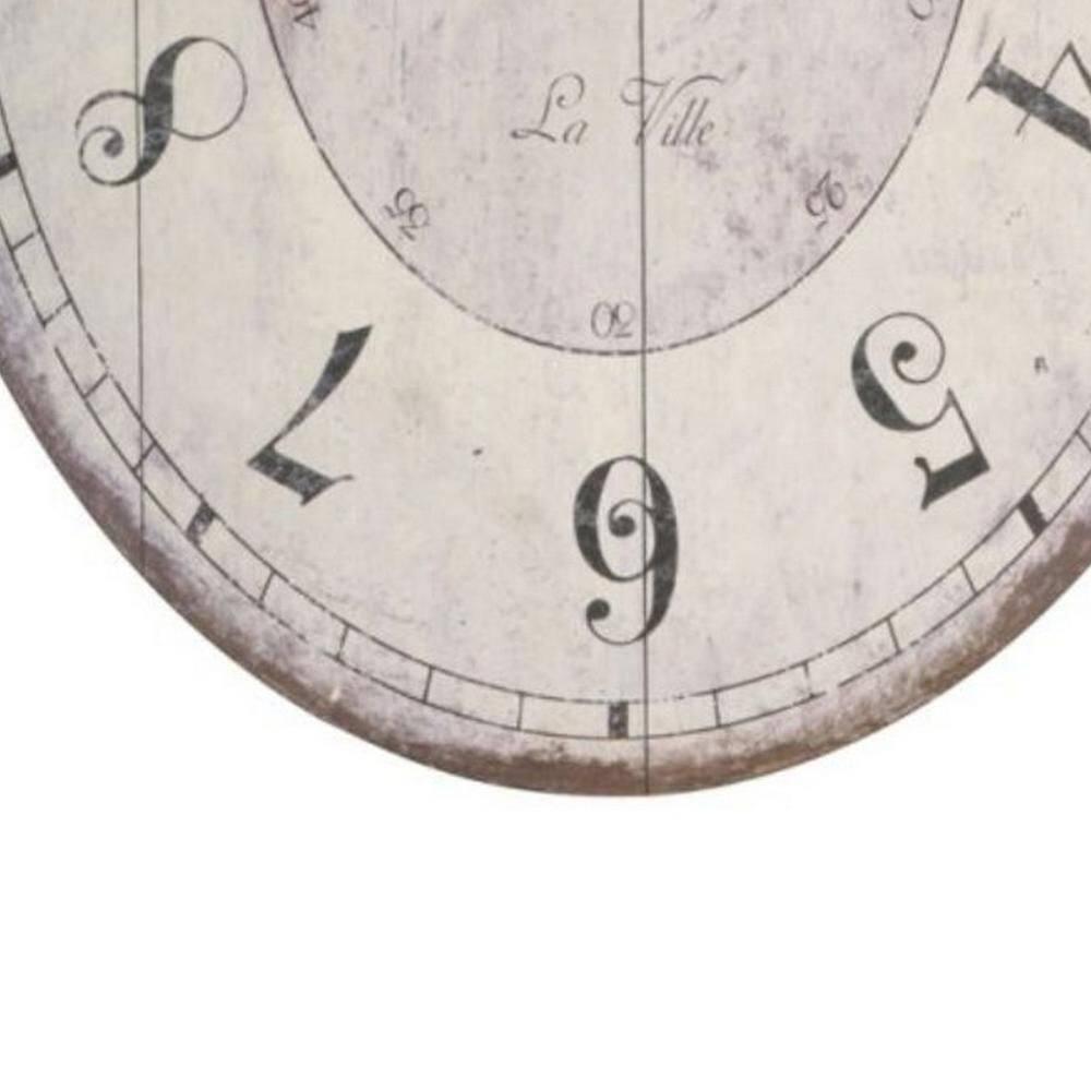 Distressed White and Brown Oval Wooden Wall Clock with Metal Loop