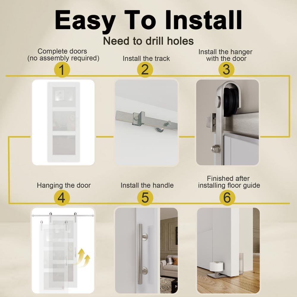 Home Worthy Frosted Glass Solid Manufactured Wood Painted Sliding Barn Door with Nickel-Hardware Kit(No Assembly Required)