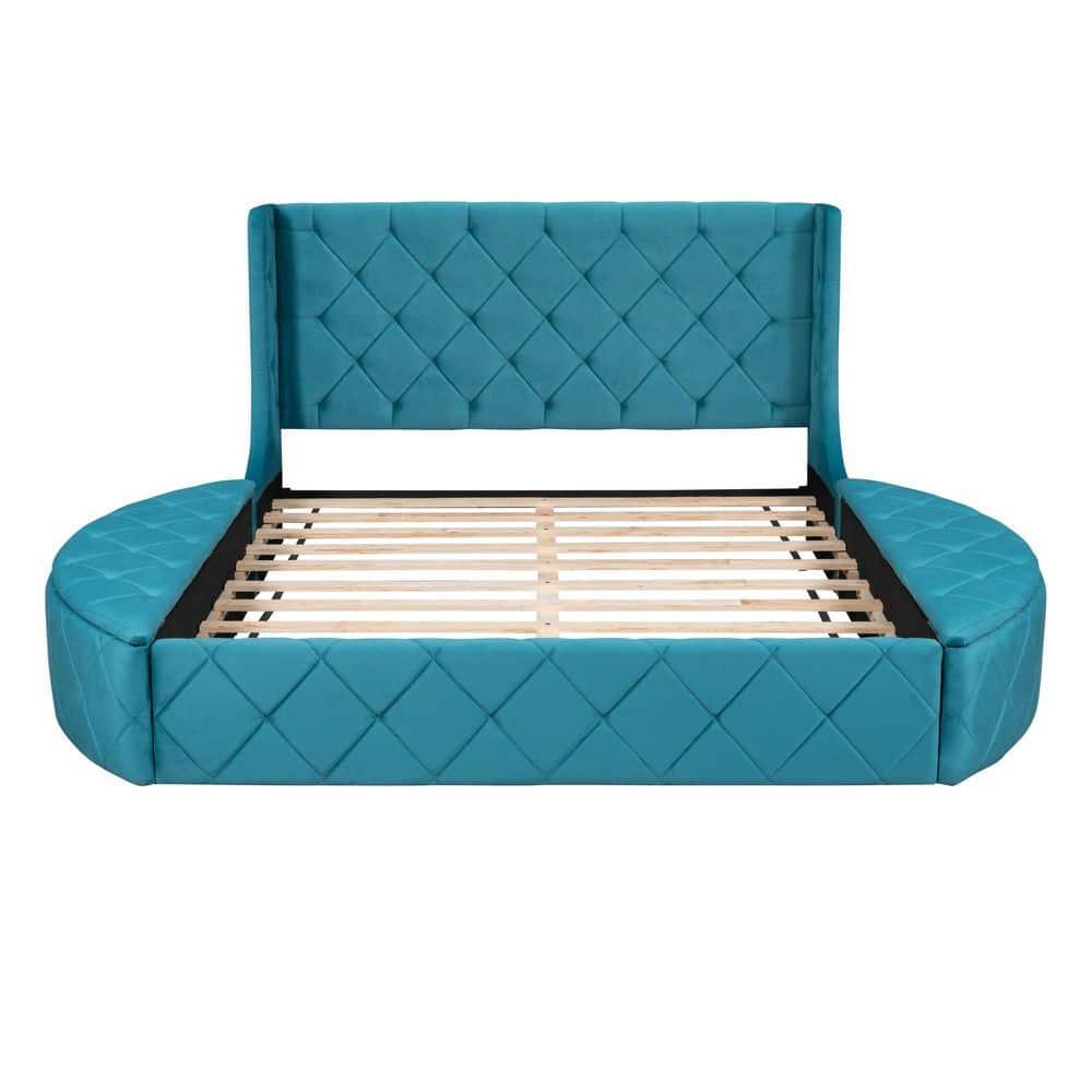 Queen Size Platform Bed with 1 Big Drawer and 2 Side Storage Stool Modern Velvet Upholstered Storage Bed with Wingback Headboard, No Box Spring Needed, Easy Assembly, Blue