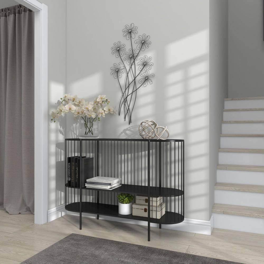 DecMode Black Metal 3D Wire Floral Wall Decor with Crystal Embellishments