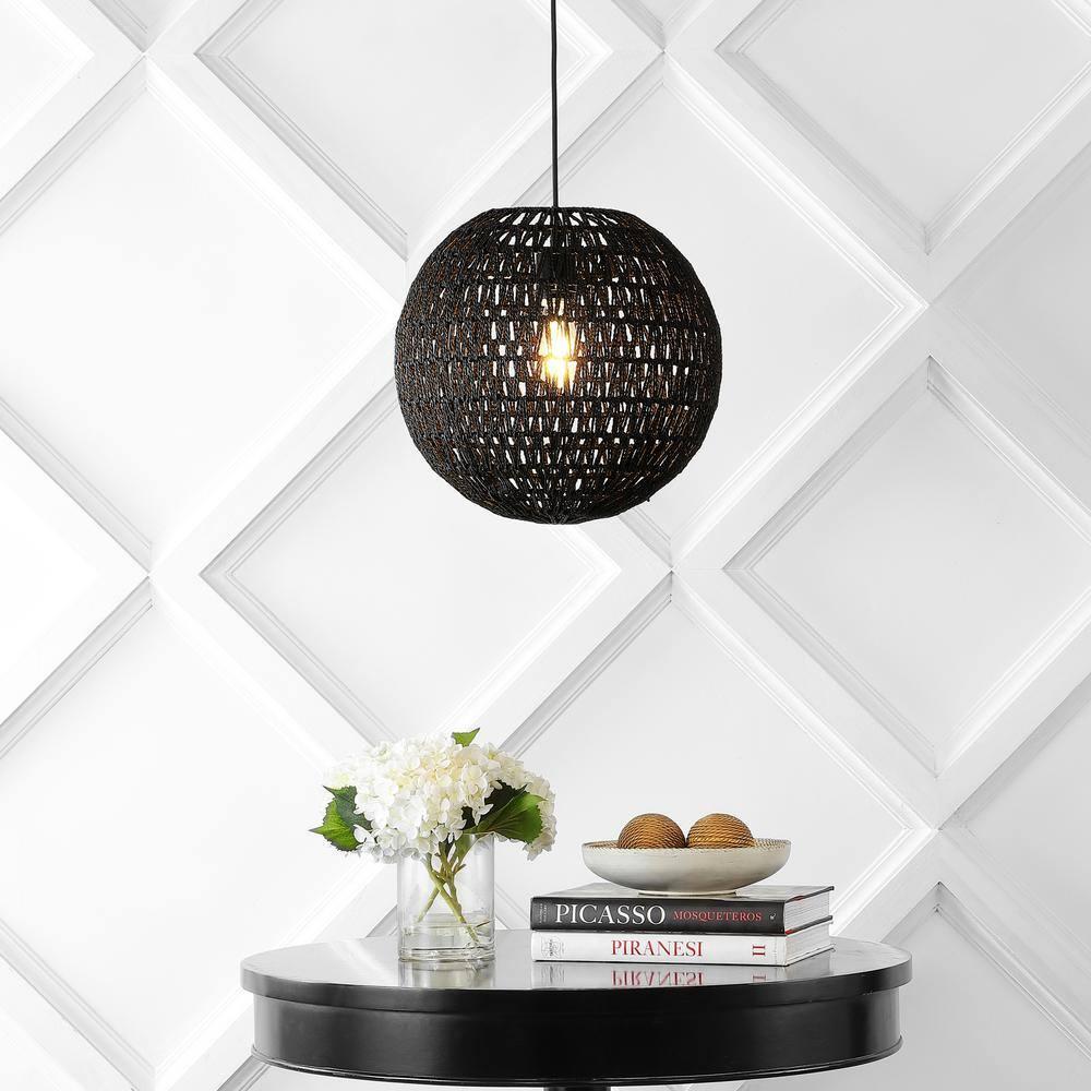 Luna 15.75" 1-Light Bohemian Modern Woven Rattan/Iron LED Pendant, Black