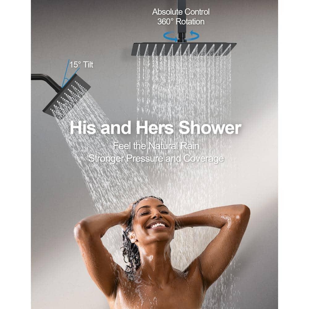 GRANDJOY Dual Wall Mount Rainfall Shower Head System Luxury Adjustable 12 inch & 6 inch Shower Faucet Set with Handheld Shower Spray Thermostatic Pressure Balance Value, Matte Black