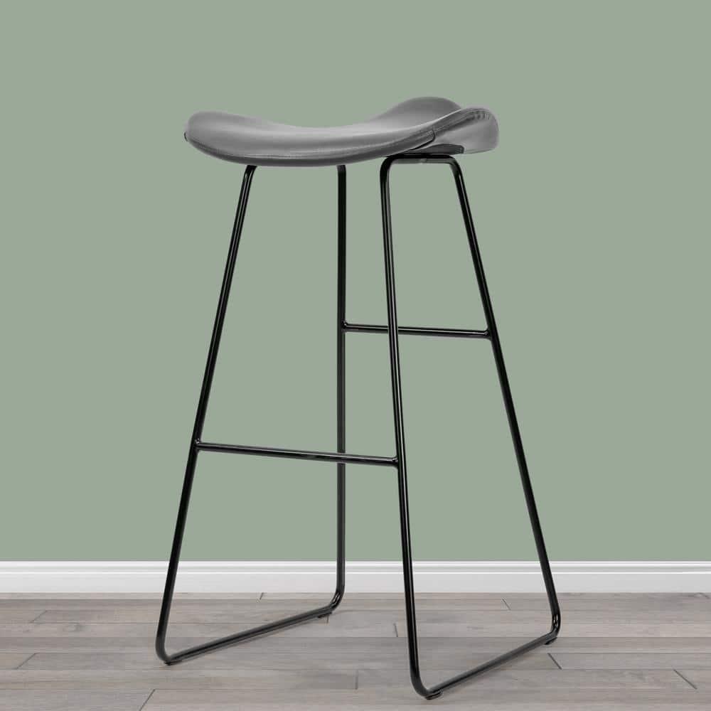 Glamour Home Set of 2 Aoi Grey Faux Leather Backless Barstool with Black Metal Legs