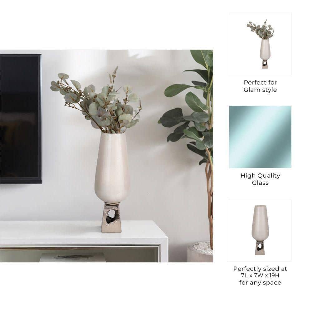 Glass, 19"h Vase with  Metal Base, Pearl White