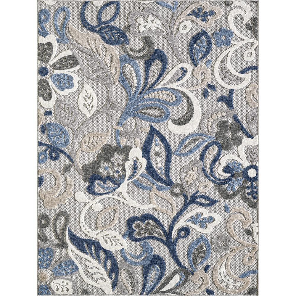 Medium Blue and Gray Synthetic Stain-Resistant Rectangular Rug