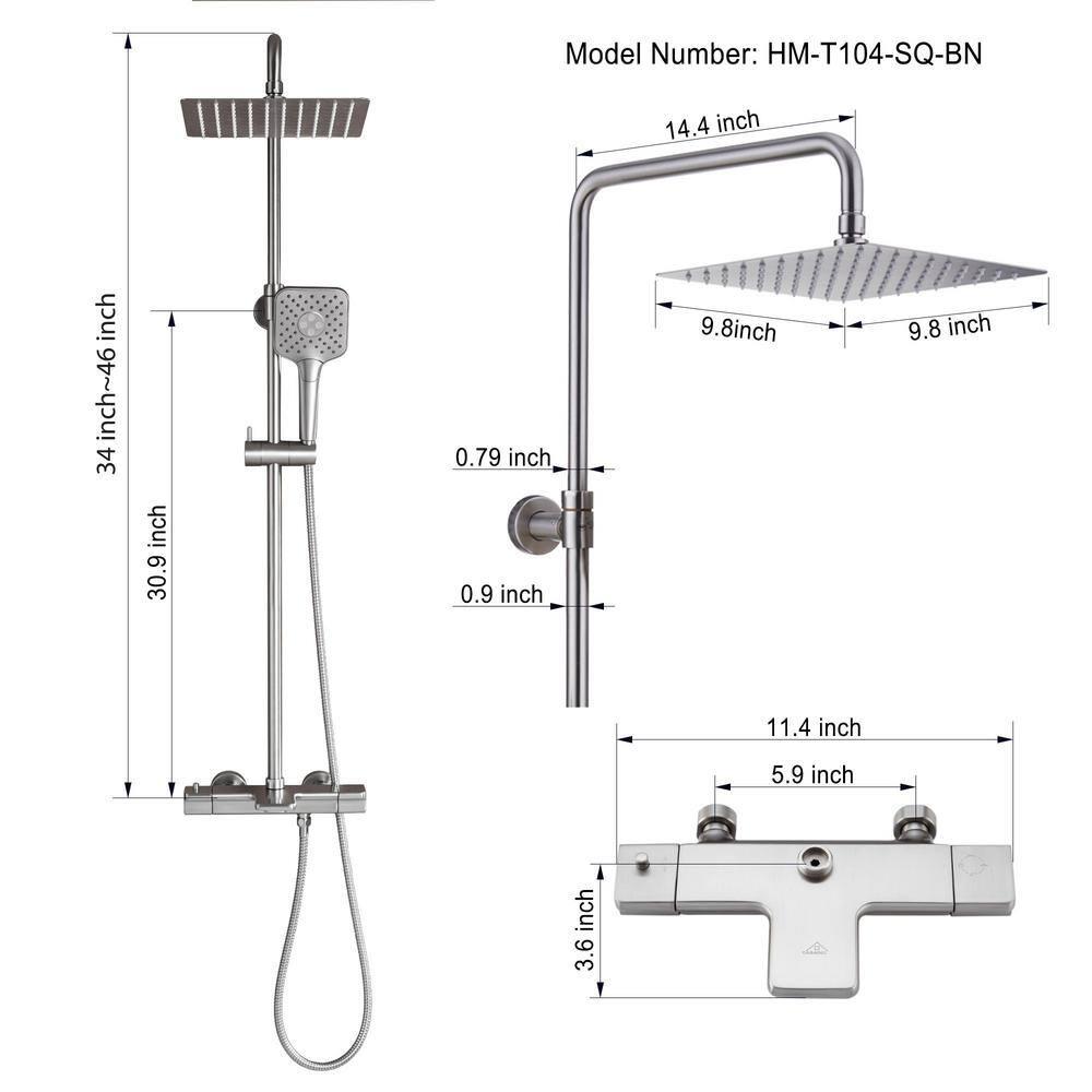 4-Spray Patterns 9.8 in. Thermostatic Tub Wall Mount Dual Shower Heads Shower Faucet in Brushed Nickel