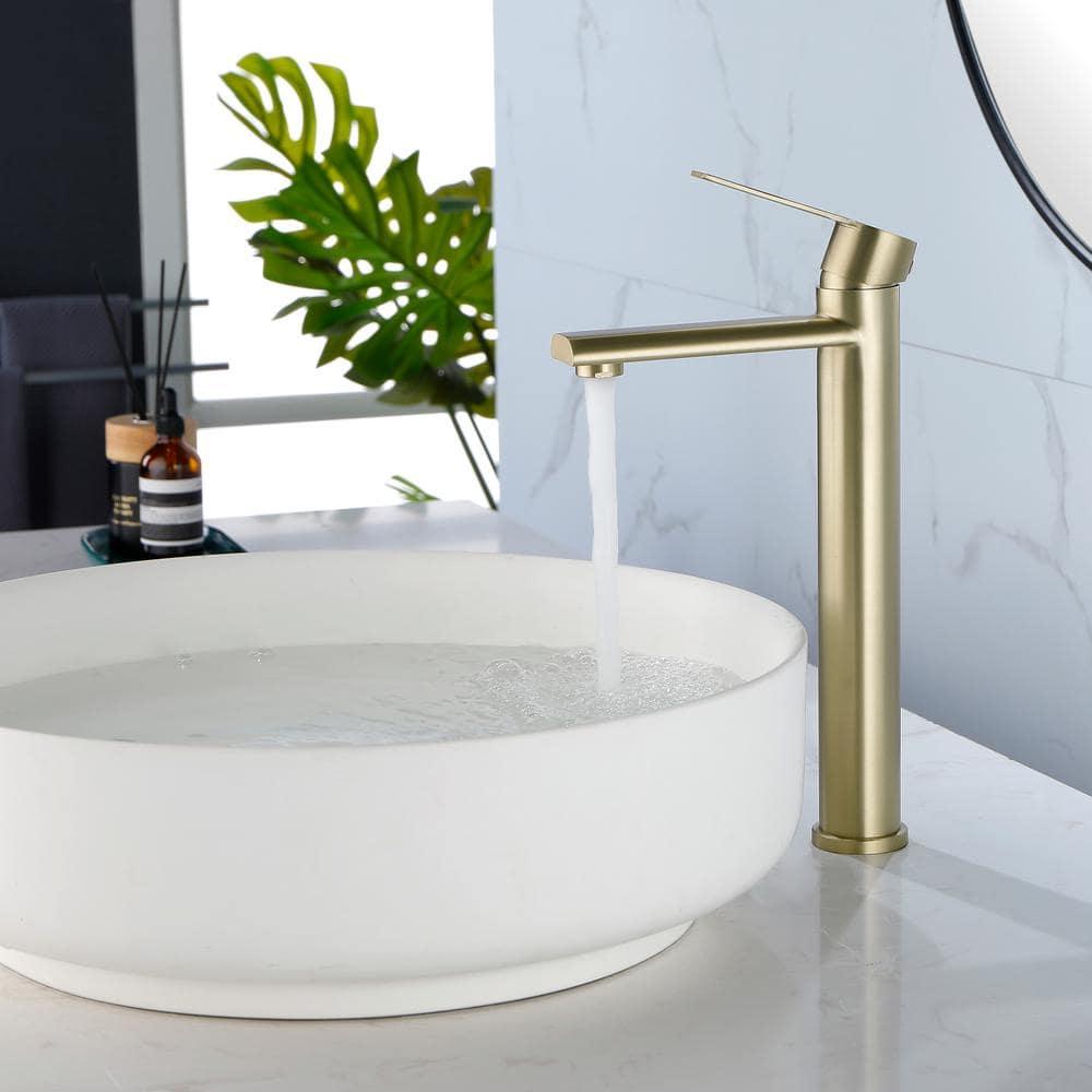 Single Handle Vessel Sink Faucet, Single Hole Tall Bathroom Faucet in Brushed Gold