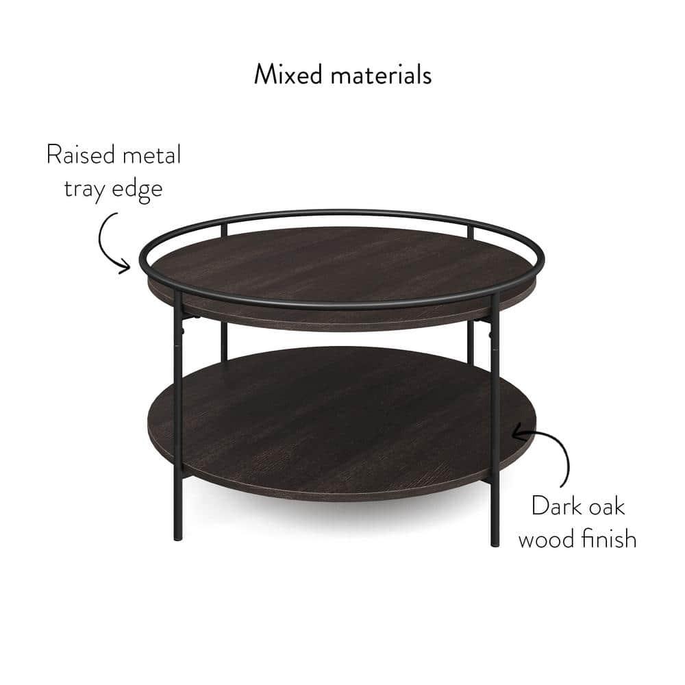Nathan James Paloma Round Coffee Tea or Cocktail with Raised Tray Top Edge Tables, 2-Tier Minimalist Style Living Room, Dark Oak/Matte Black