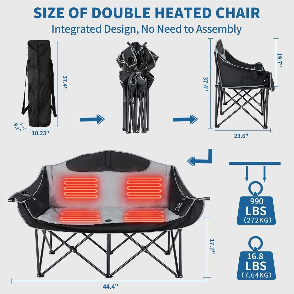 Slsy XXXL Double Camping Chair, Oversized Loveseat Camping Couch, Fully Padded Heavy Duty Outdoor Folding Chair w/ 2 Cup & Wine Glass Holder Support 900 lbs