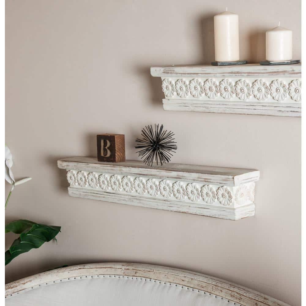 DecMode 36" x 5" Intricate Carved 1-Tier White Floral Wall Shelf