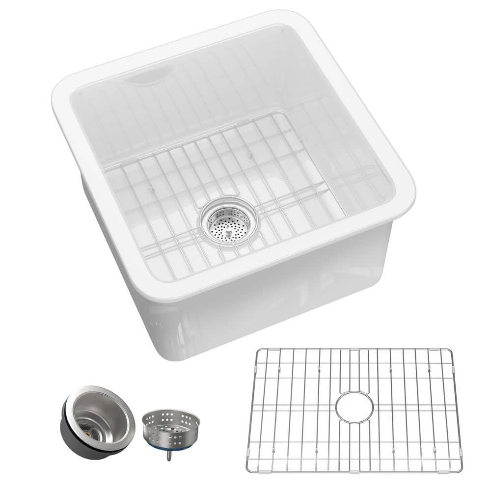 White Undermount Kitchen Sink 18 Inch - Small Topmount Wet Bar Sink Drop In 18x18x9, Dual Mount Single Bowl, Heavy Duty Solid Fireclay, with 2 Accessories, for Kitchen & Laundry & Outdoor
