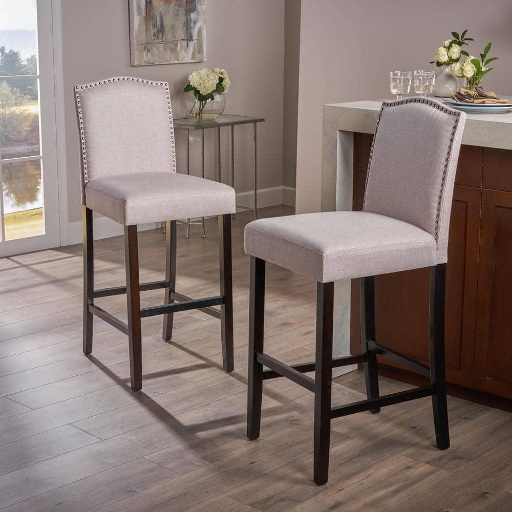 Noble House Merritt Fabric Upholstered Barstool, Set of 2, Wheat and Walnut