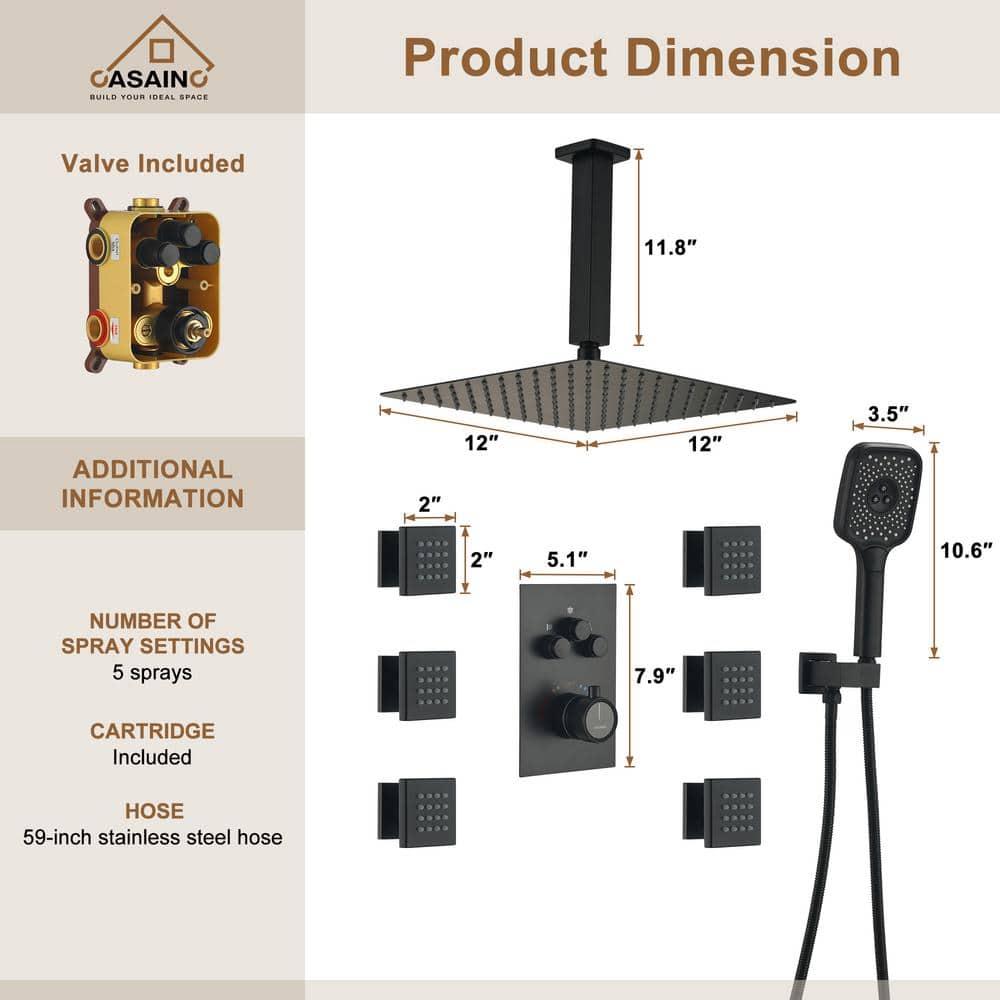 Revitalize 3-Function 12 Inch Ceiling Mount Rainfall Thermostatic Shower System with 6 Body Jets