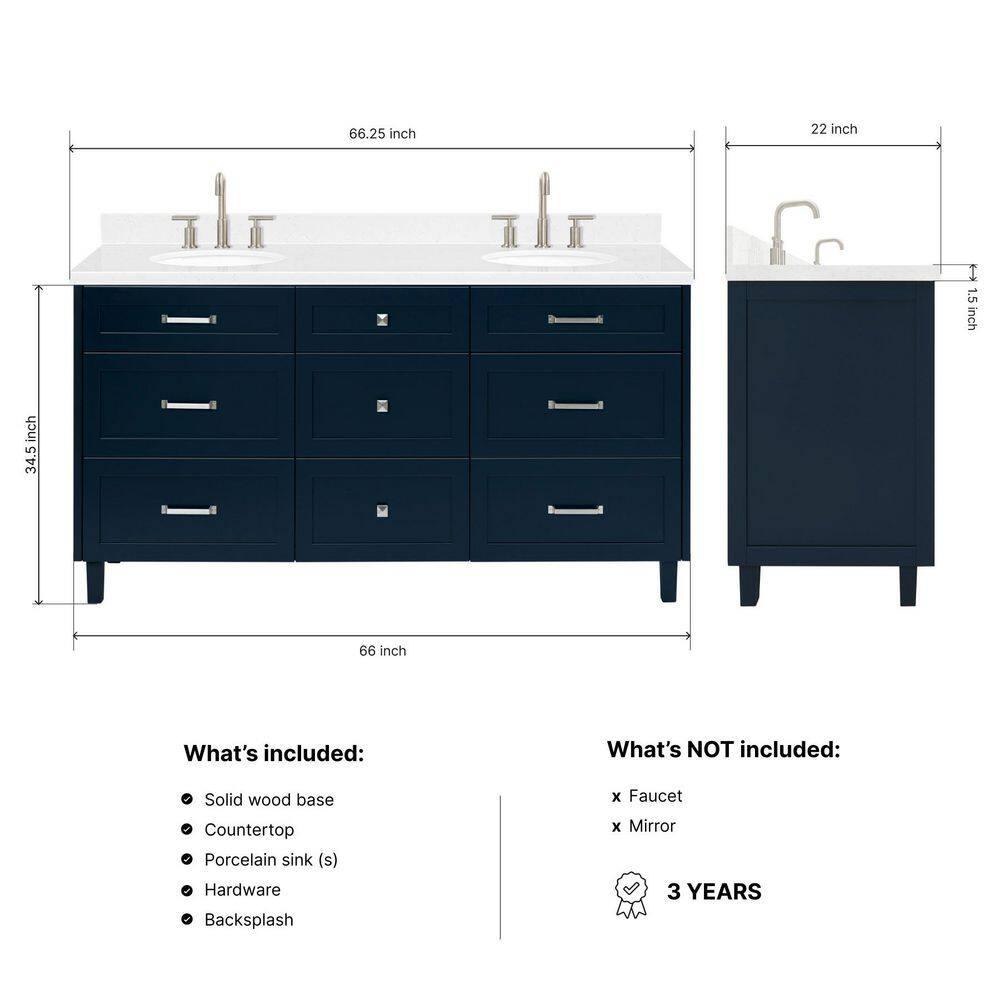 Ariel Monrow 66 Inch Double Oval Sink Bathroom Vanity With Carrara White Quartz Countertop