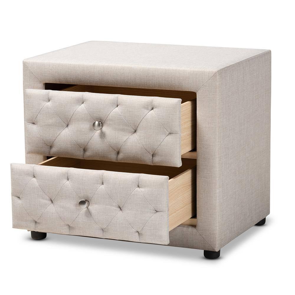 2 Drawer Lepine Wood Nightstand Beige - Baxton Studio: Upholstered, Tufted, Silver Knobs, Assembly Required
