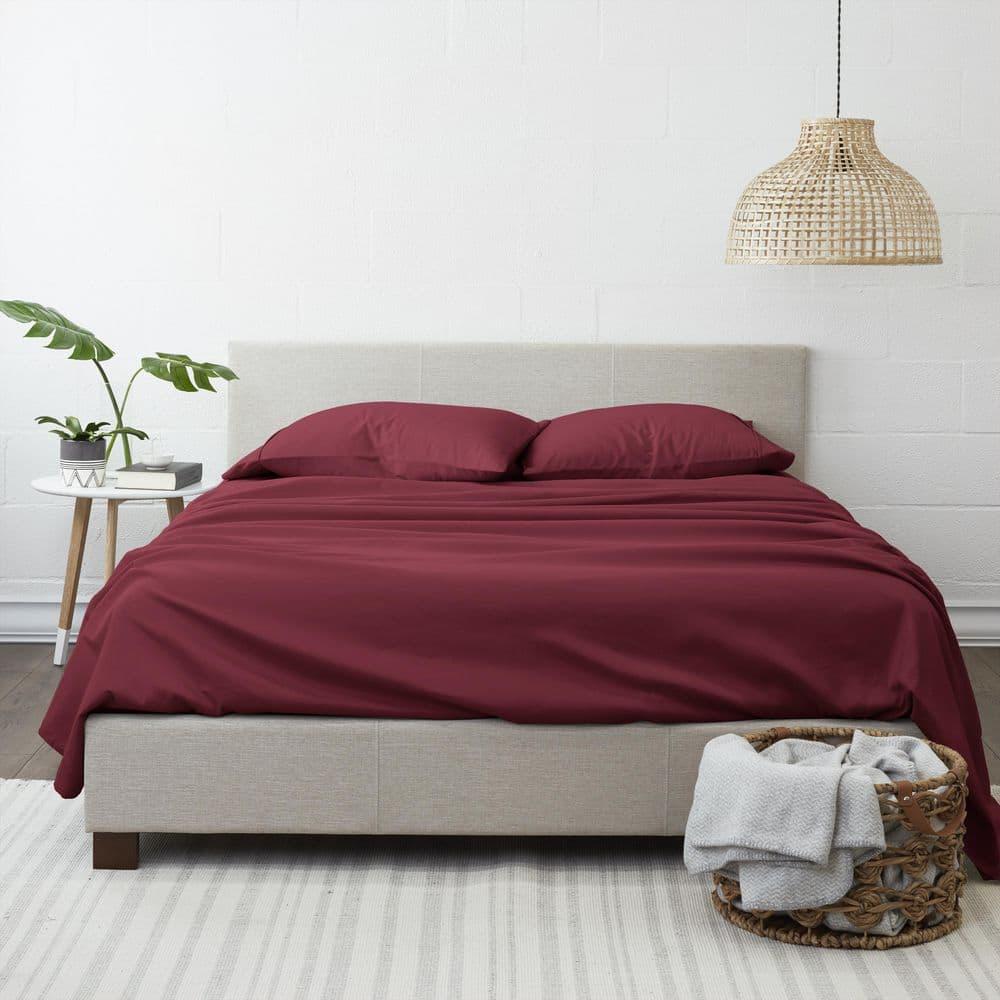 4-Piece Burgundy Solid Microfiber 300 Thread Count Queen Sheet Set