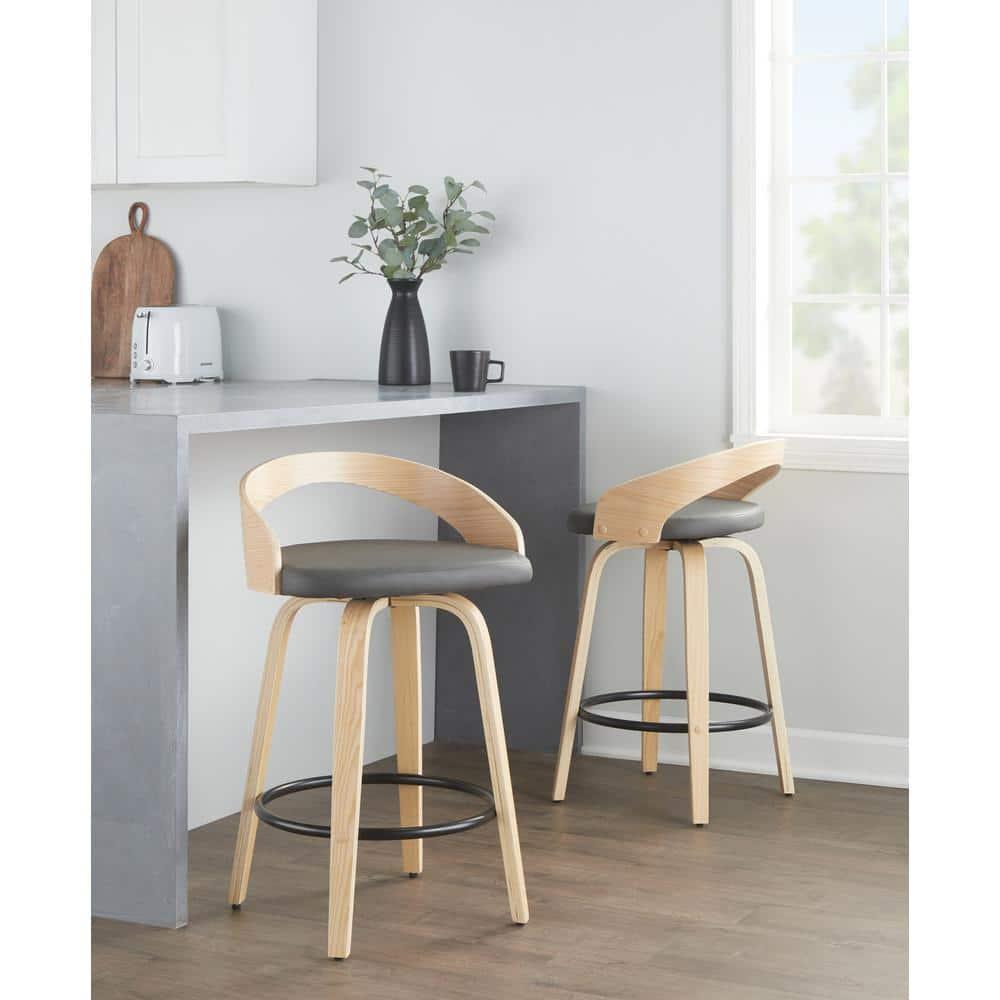 LumiSource Set of 2 Grotto Counter Height Barstools Natural/Black/Gray : Swivel, Low Back, Wood Frame, Foam Upholstery
