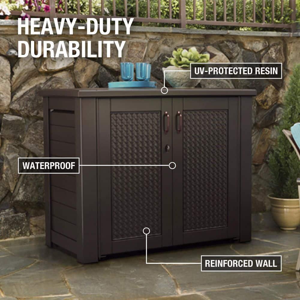 Rubbermaid Patio Chic Outdoor Resin Storage Cabinet, 123 Gallons, Dark Teak