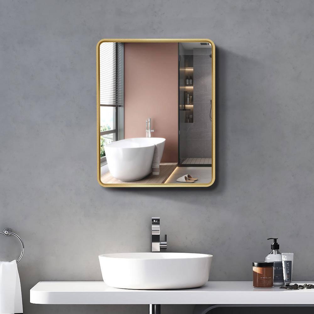 Movo Mirror Medicine Cabinet 20 Inch x 28 Inch Gold Metal Framed Bathroom Medicine Cabinet with Mirror Rectangle Recess or Surface Mount Installation