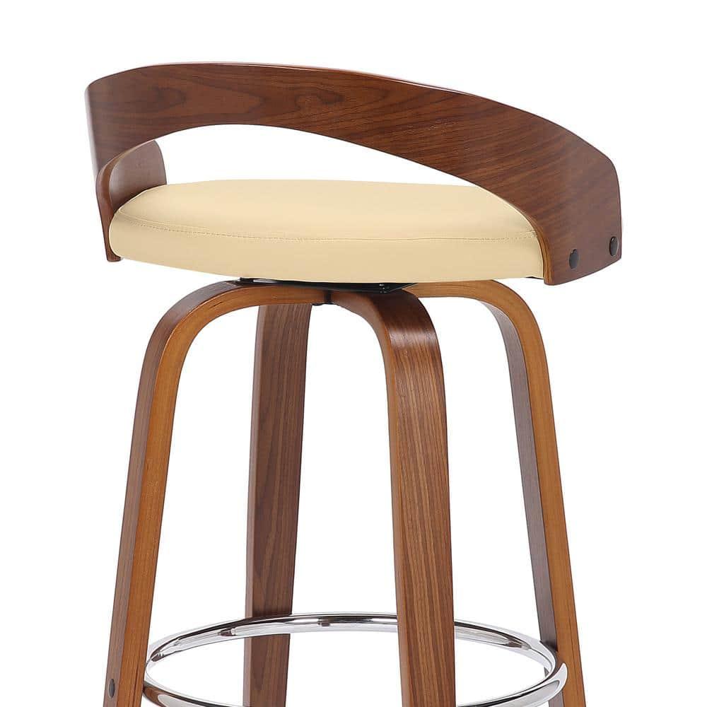 Sonia 26 in.  Counter Height Swivel Cream Faux Leather and Walnut Wood Bar Stool