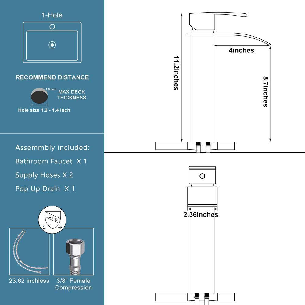 Qomolangma Vessel Sinks Waterfall Bathroom Sink Faucet, Tall Single Handle Bathroom Sink Faucets, Brushed Nickel Bathroom Faucet Suitable for 1 Hole, Staniless Steel Rv Lavatory Vanity Faucet