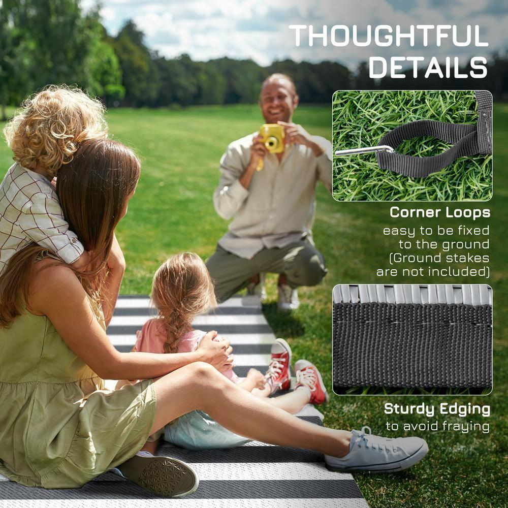 GVN Floor Rug,Indoor Door Mat,Reversible Outdoor Rug, 9'x 12' Waterproof Straw Floor Mat, Portable RV Camping Carpet, Gray & White Striped