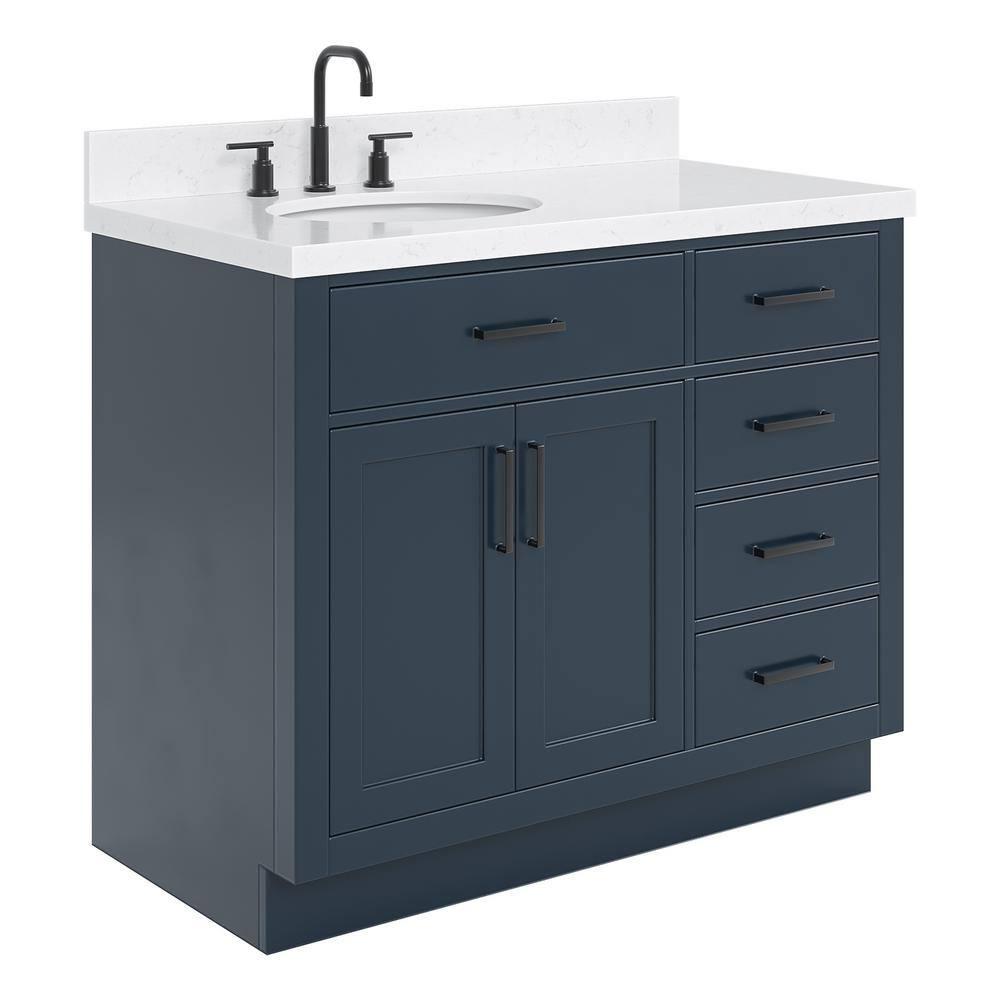 Hokku Designs Thornaby 42'' Solid Wood Single Bathroom Vanity with 1.5'' Carrara Quartz Top, Right Offset Oval Sink