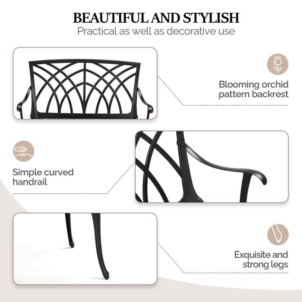 VINGLI 38" Outdoor Garden Orchid Bench, Black Cast Iron Cast Aluminium Solid Frame，Accented Yard Front Porch Patio Outside Park Decor Deck Furniture for 1-2 Person Seat