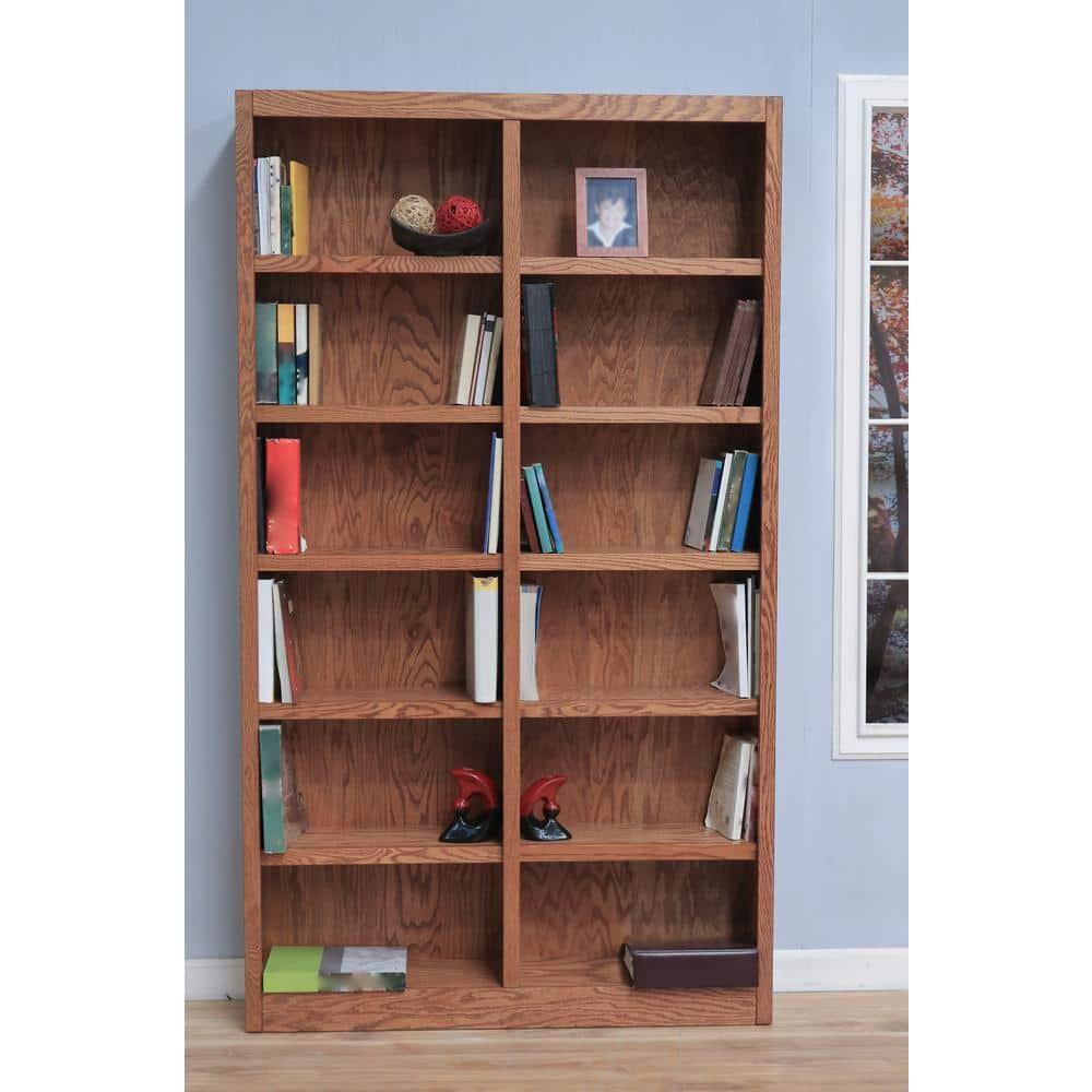 Traditional 84" Tall 12-Shelf Double Wide Wood Bookcase in Dry Oak