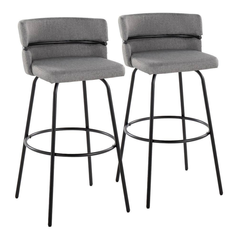 LumiSource Black Metal, Light Grey Fabric Cinch Claire 30" Fixed-Height Barstool - Set of 2