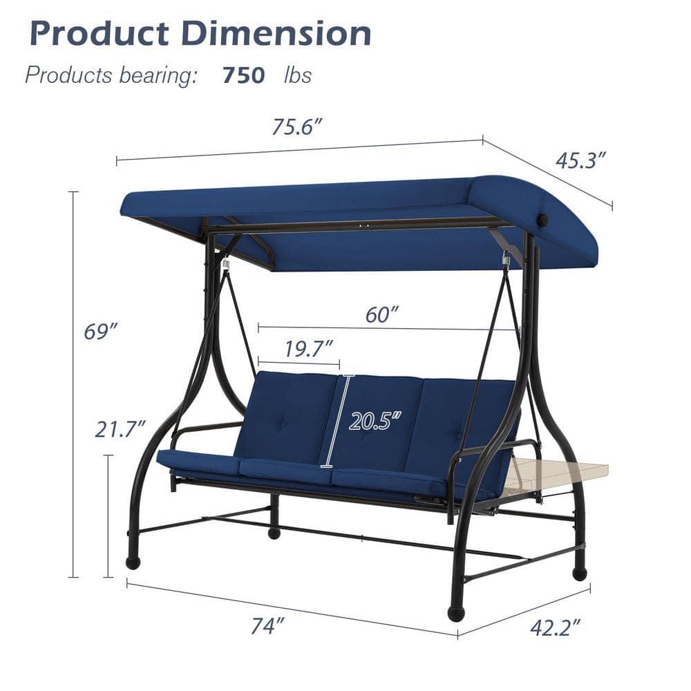 GARTOOO 3-Seat Outdoor Large Porch Swing with Converting Canopy,Patio Hammock Lounge Swing Chair,Adjustable Shade & Removable Cushions