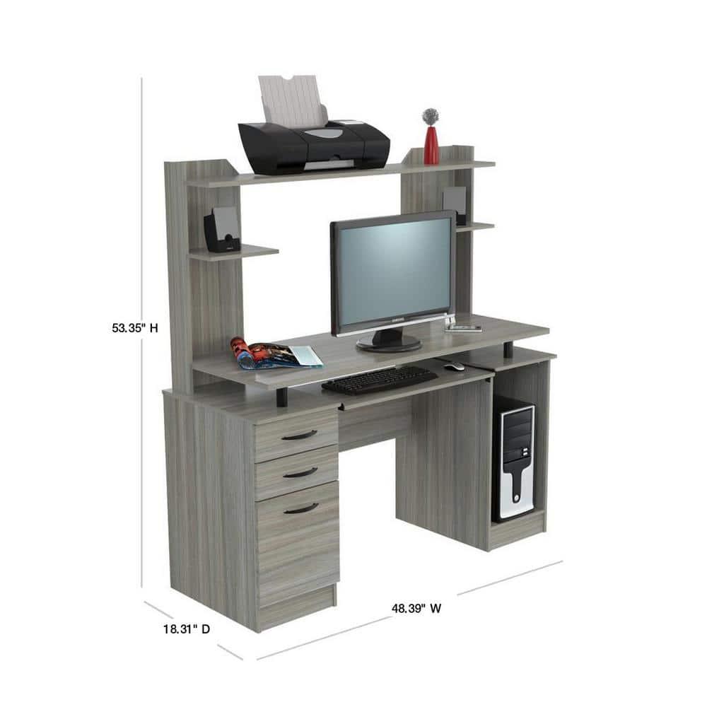 Computer Workcentre With Hutch Smoke Oak - Inval: Modern Laminate Writing Desk, MDF Frame, Open Shelf Storage