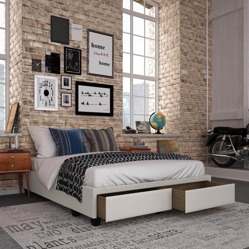 Queen Preston Faux Leather Upholstered Platform Bed Frame with Storage Drawers White - Eco Dream