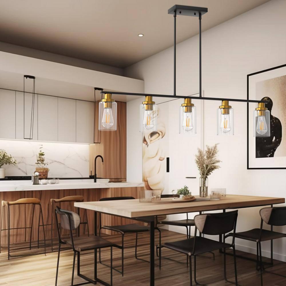 Island Light for Kitchen, 5 Lights Dining Room Lights Fixture with Clear Glass Shade, Matte Black and Gold Finish Pendant Lighting Over Table - ETL Listed