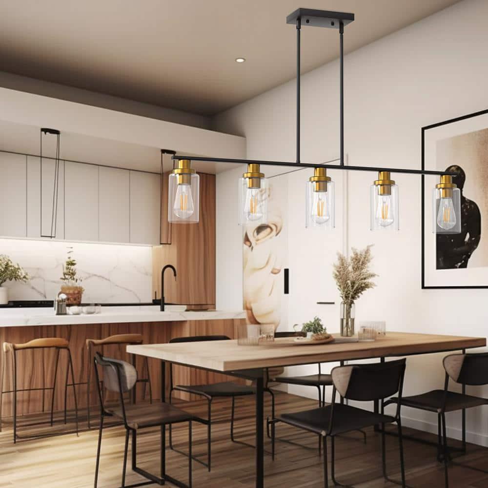 Island Light for Kitchen, 5 Lights Dining Room Lights Fixture with Clear Glass Shade, Matte Black and Gold Finish Pendant Lighting Over Table - ETL Listed