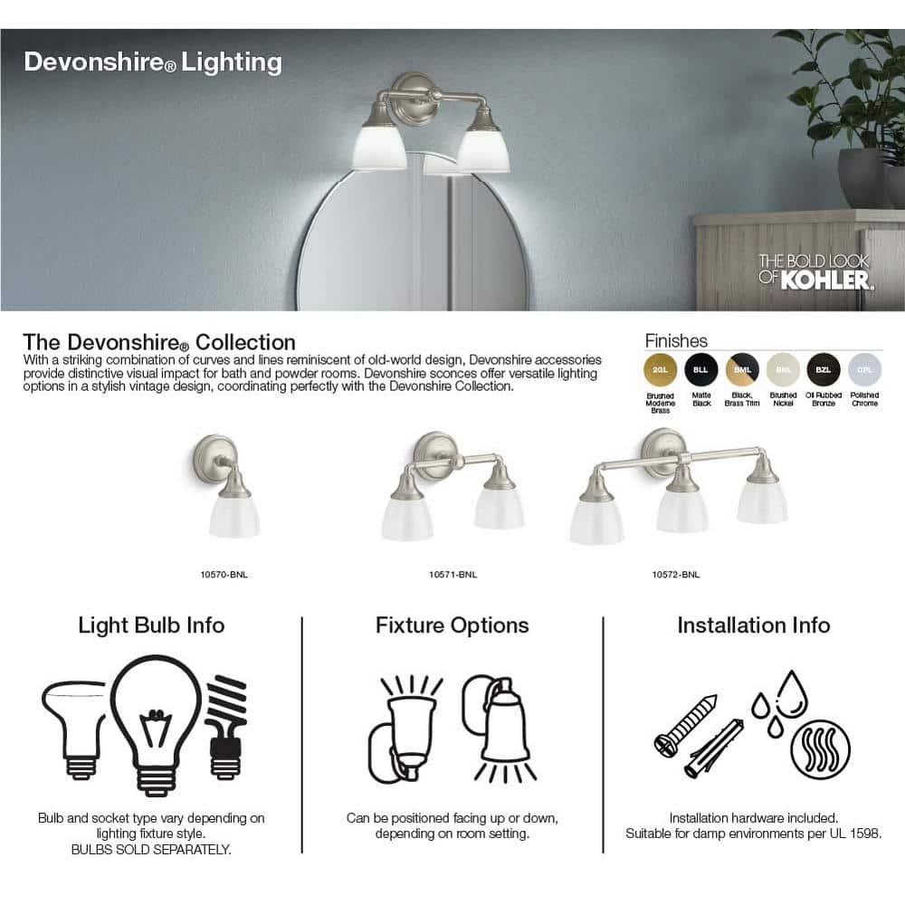 Devonshire 2 Light Indoor Bathroom Vanity Light Fixture, Position Facing Up or Down, UL Listed